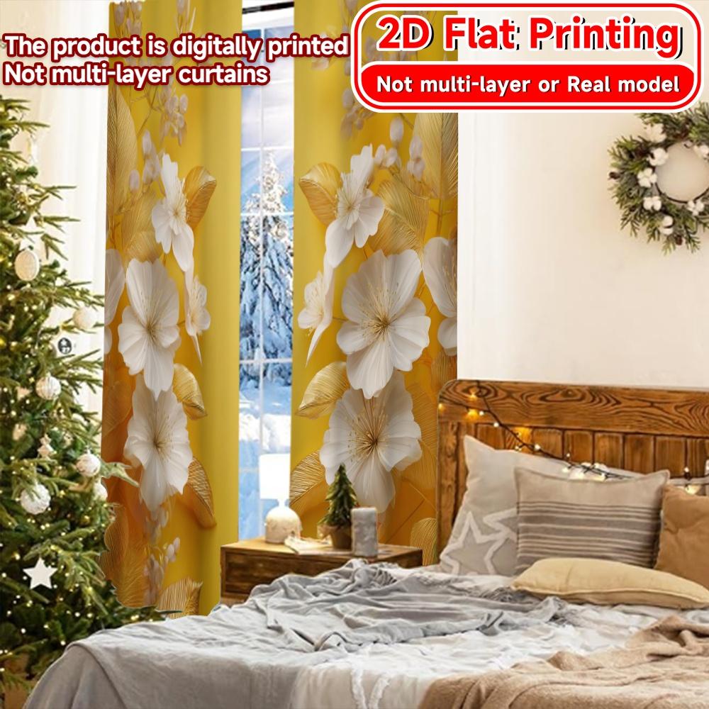 2D Flat Printing,2pcs Golden Blossoms Modern Curtains&Drapes Polyester Easy Install Curtains Decorations For Home Ldeal for