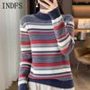INDFS Women's Fashion Casual Fall Winter Stripe Print Long Sleeve Half Turtleneck Sweaters