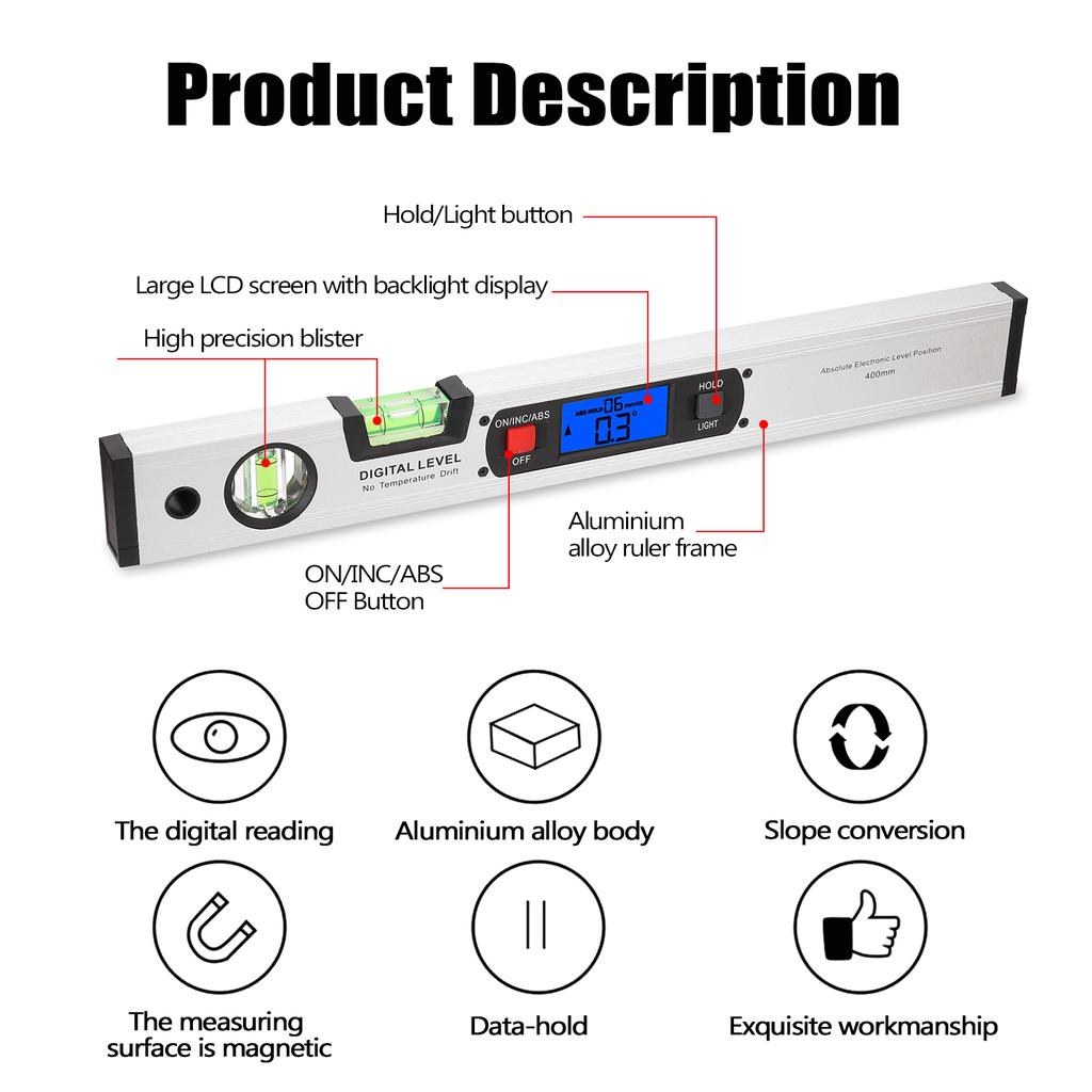 400mm Digital Protractor Angle Finder Electronic Level 360 Degree Inclinometer with Magnets Level