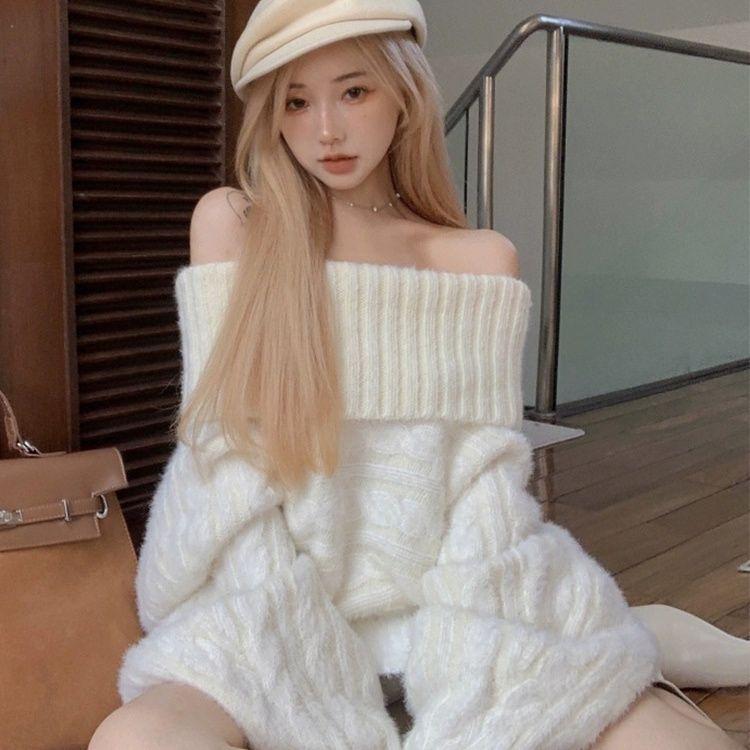 One-word Shoulder Sweater Women's Autumn and Winter New Gentle and Loose High-end Knitted Sweater Pullover Twist Top