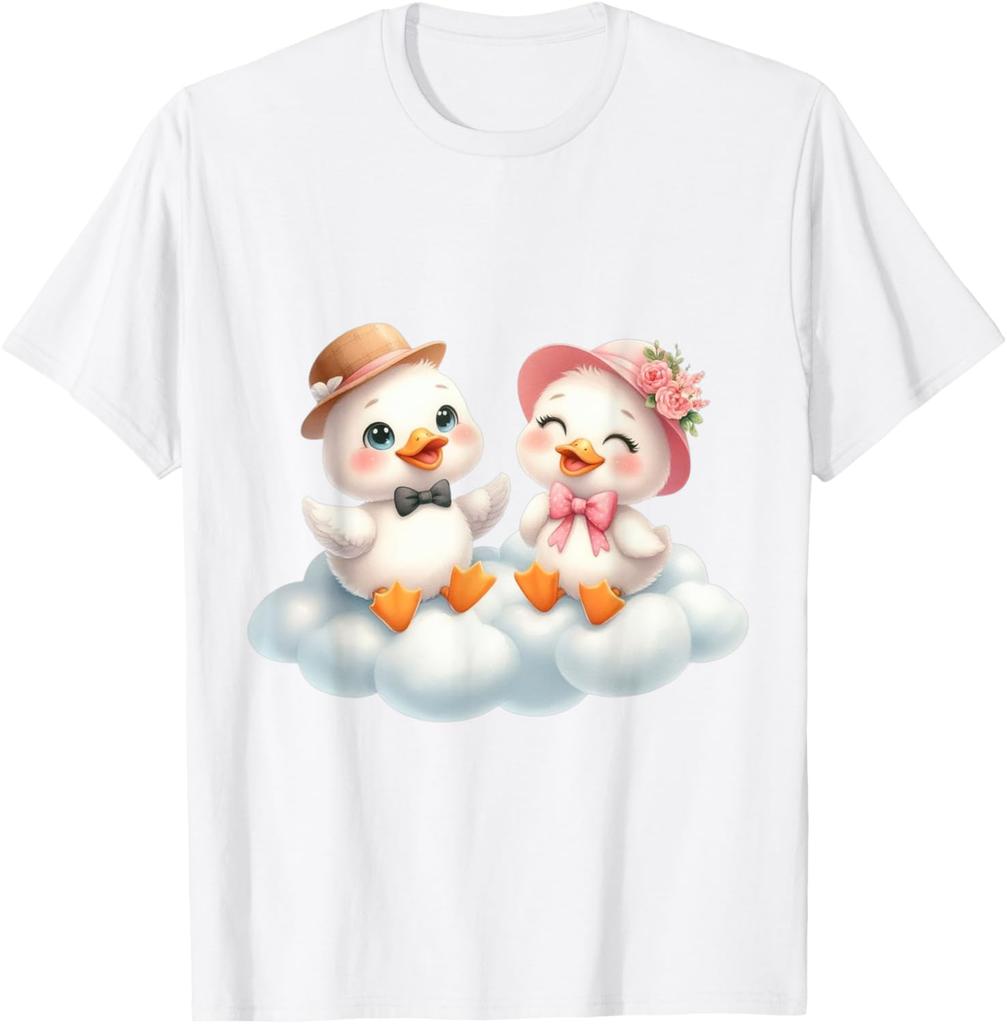 Cute Duck Couple Sitting on Cloud Graphic Print Cotton Casual Daily T-Shirt