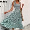 Women's Fashion Summer Spring Stripe Print Sleeveless Square Collar Loose Waistline Casual Dresses
