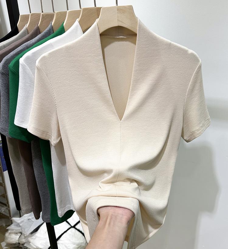 Модная футболка с V-образным вырезом, с короткими рукавами, женская летняя новинка, облегающий топ с рукавами до локтя