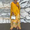 Fall Spring Women Dress Oversized Floral Printing Color Matching Robe Type Long Bat Sleeves Round Neck Irregular Hem Pullover Party Dating Maxi Dress