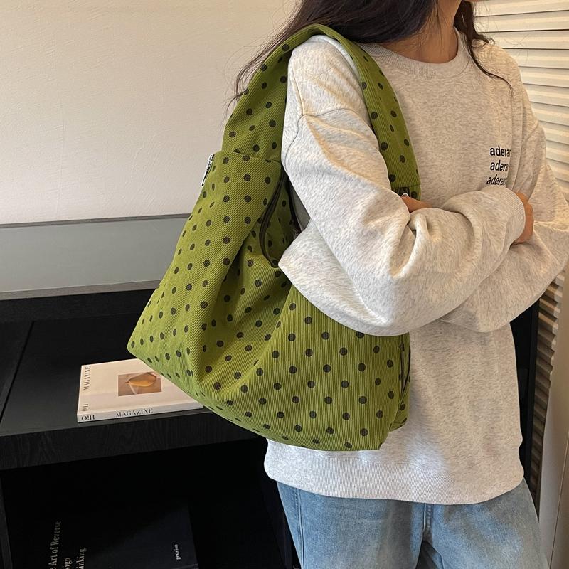 Women Polka Dot Hobo Bag Casual Shoulder Handbag with Multi Zipper Pockets Corduroy Bag