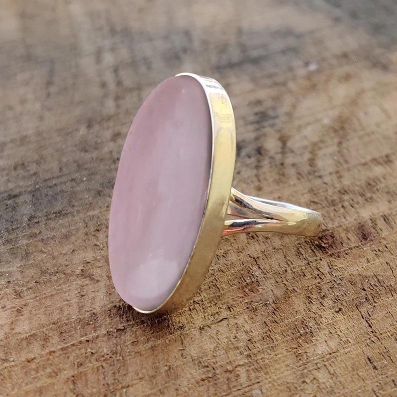 Rose Quartz Oval Gemstone Ring, Solid 925 Sterling Silver Ring, Handmade Ring, Statement Ring, Big Stone Ring, Engagement Gift