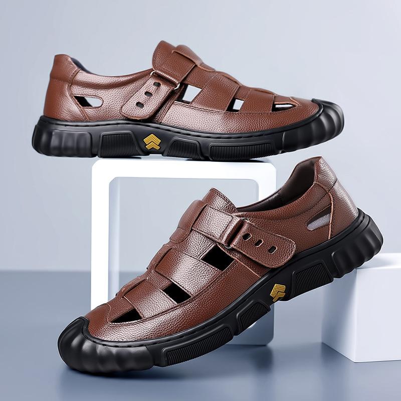 Sandals Men's Summer Leather Breathable Velcro Hollow Leather Shoes Men's Non-slip Soft Sole Casual Shoes Rubber Sole