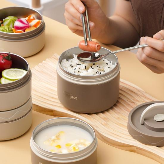 1 Set 420/550ML Stainless Steel Lunch Box with Airtight Lid Double Layers Food Grade Dishwasher Microwave Freezer Safe Students Round Thermal