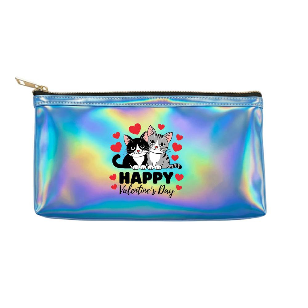 Cute Cat and Heart Pattern Laser Cosmetic Makeup Bag, Holographic Travel Toiletry Organizer Pouch for Girls Women Daily Accessory Storage