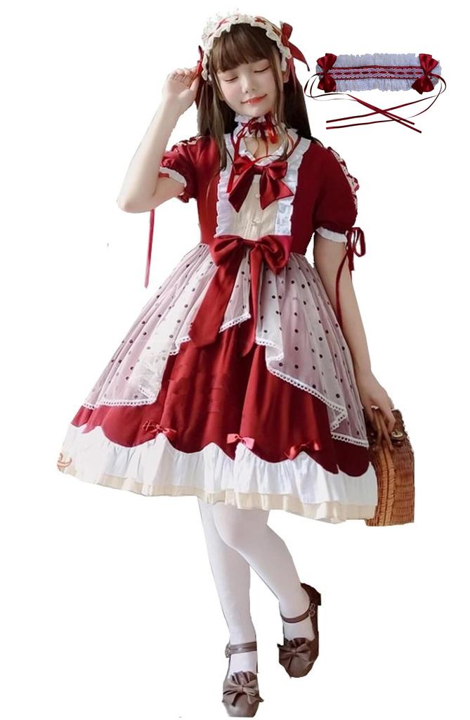 Lolita Gothic Long Mori Young Lady [Hosaku Co., Ltd.] Dress, Lolita, Sleeve, Ruffles, Dreamy, Girl, Cosplay, Christmas, Halloween, (M, Red)