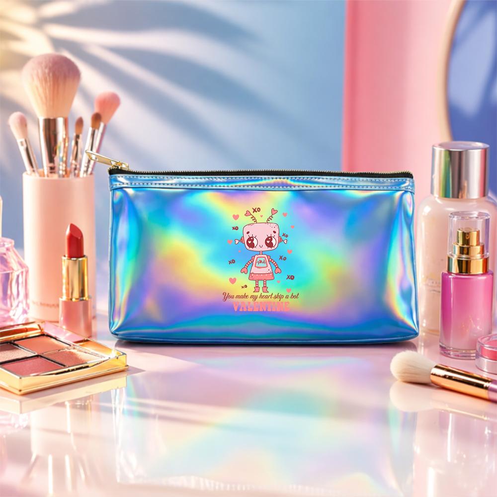 Cute Kawaii Robot and Heart Print Laser Cosmetic Makeup Bag, Holographic Iridescent Travel Toiletry Pouch for Women Girls Birthday Gift