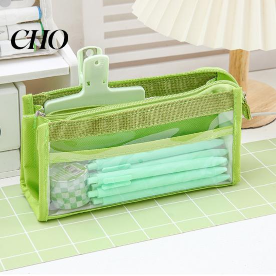 Fresh Color Stationery Bag Transparent Mesh Pencil Case for Middle School Students Large Pouch Capacity Multilayer Storage with Compartments