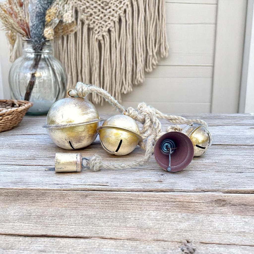 Деревенский золотой металлический колокольчик 22 дюйма длиной с 5 колокольчиками смешанной формы, подвесной декор из джутовой веревки ручной работы для сада и дома