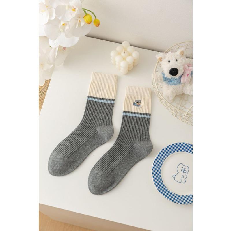 Grey Striped Socks, Women's Mid-calf Socks, Spring and Autumn Cotton Socks, Cute Cartoon Lace, Trendy Outerwear Long Socks