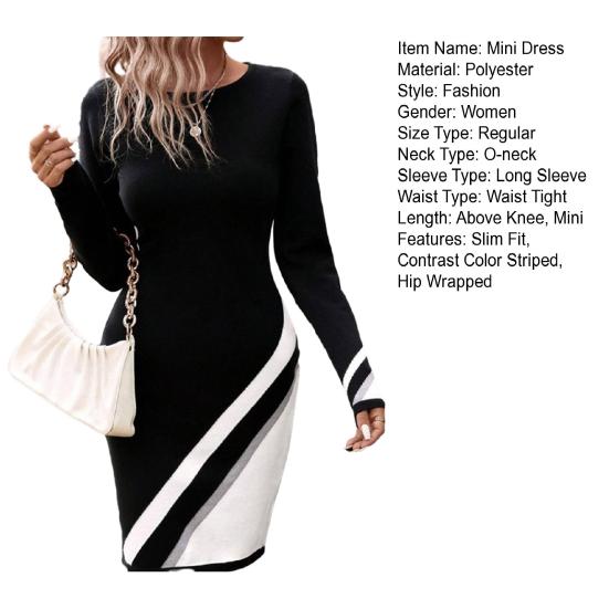 Женское платье, осеннее контрастное цветное полосатое платье с принтом, повседневное платье больших размеров с круглым вырезом и длинными рукавами, облегающее платье, уличная одежда