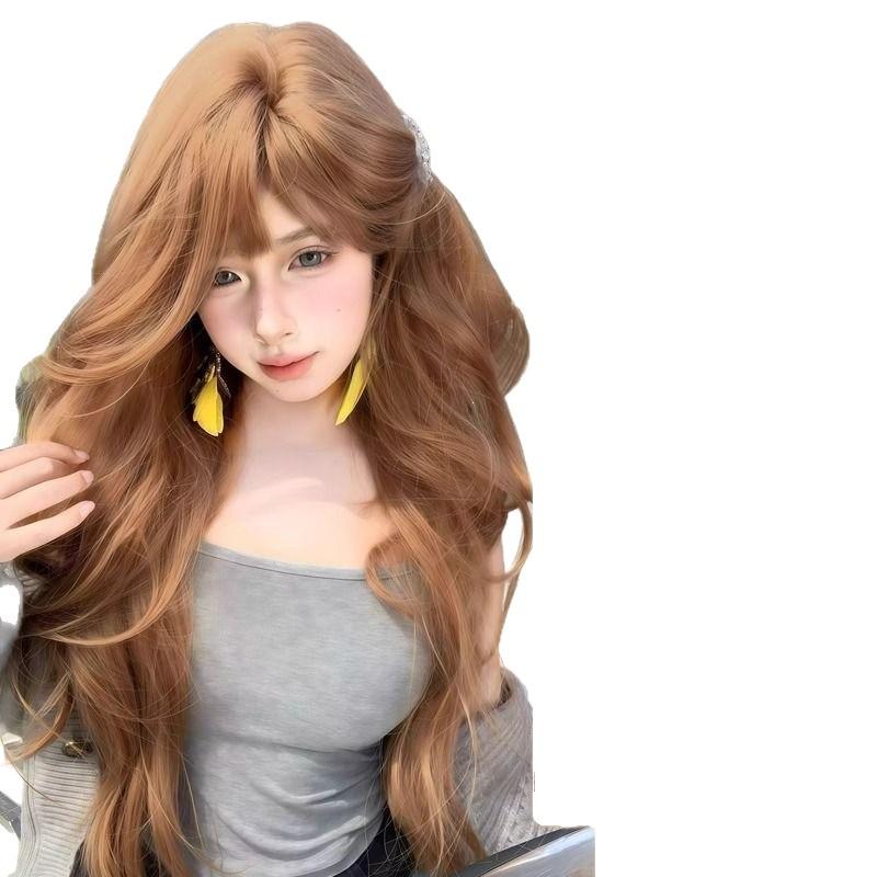 Champagne Color Long Curly Wig with Air Bangs - Korean Style for Women