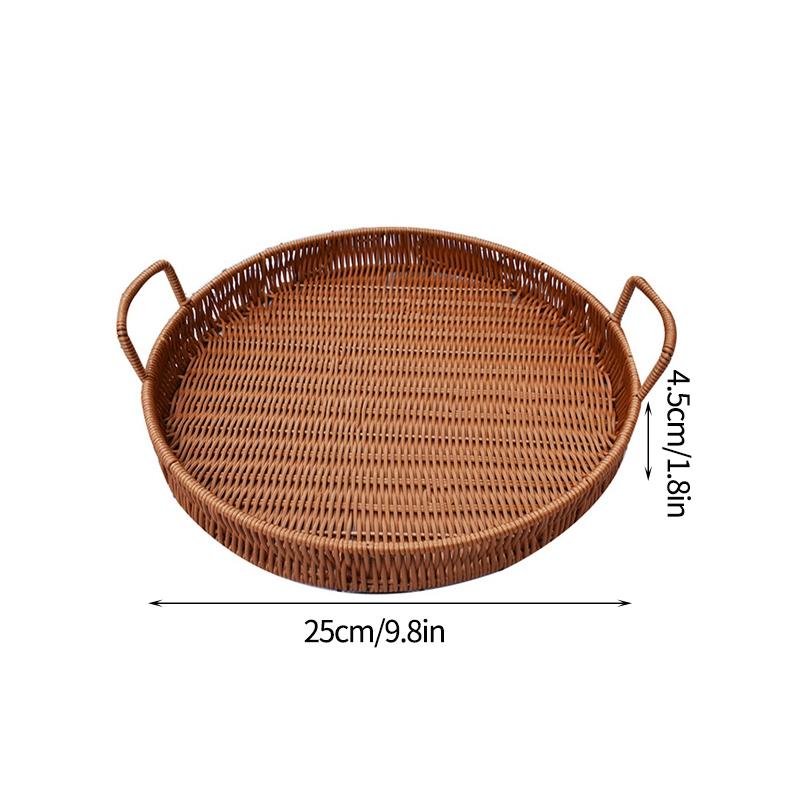 Storage Tray Round Rattan Woven Tray Fruit Breakfast Tea Storage Basket Desktop Sundries Organizer Bread Plates With Wood Handle