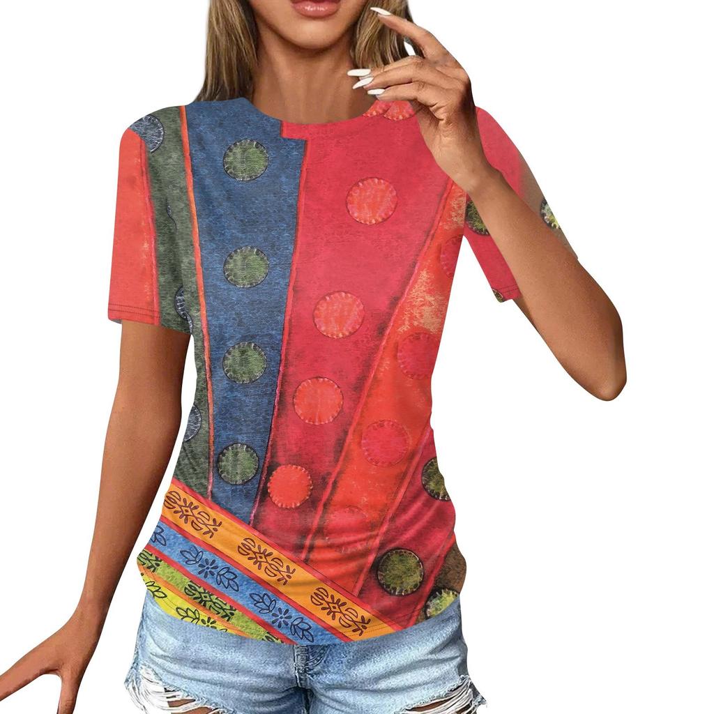 Женские футболки, модные повседневные топы с круглым вырезом и коротким рукавом, туника с принтом