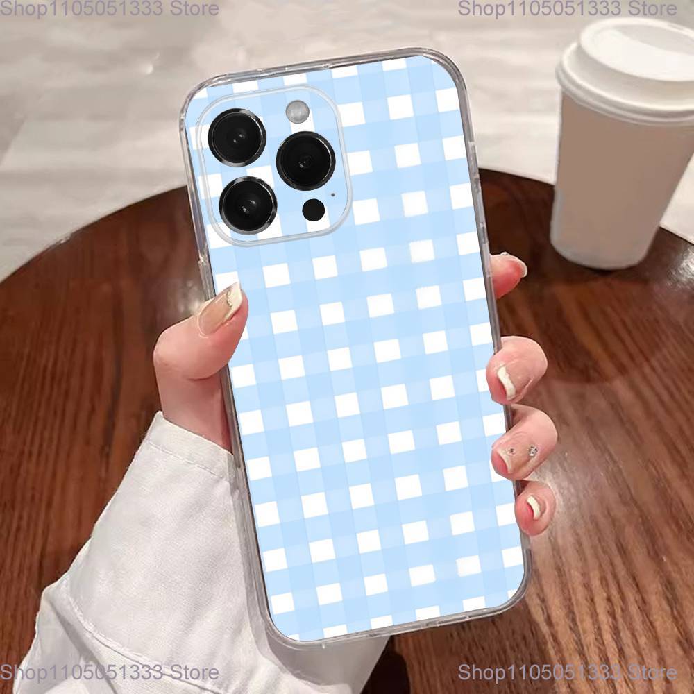 Ins Корейский Сине-белый Клетчатый Чехол для Телефона для iPhone 17,16,15,14,13,12,11 Plus,Pro,Max,XR,XS,Plus,E,SE4,Mini Прозрачная Крышка