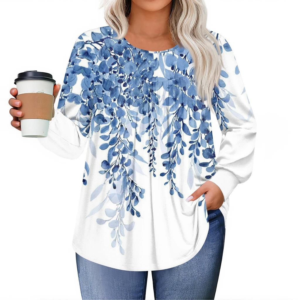 Womens Plus Size Tops Long Sleeve Shirts Round Neck Flowy Tunic Casual Loose Blouse L-5X