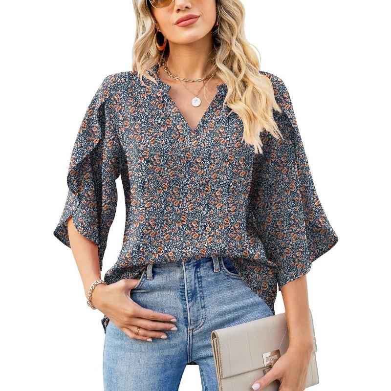 Женская летняя и осенняя рубашка свободного кроя с V-образным вырезом и принтом «лепестки» из шифона