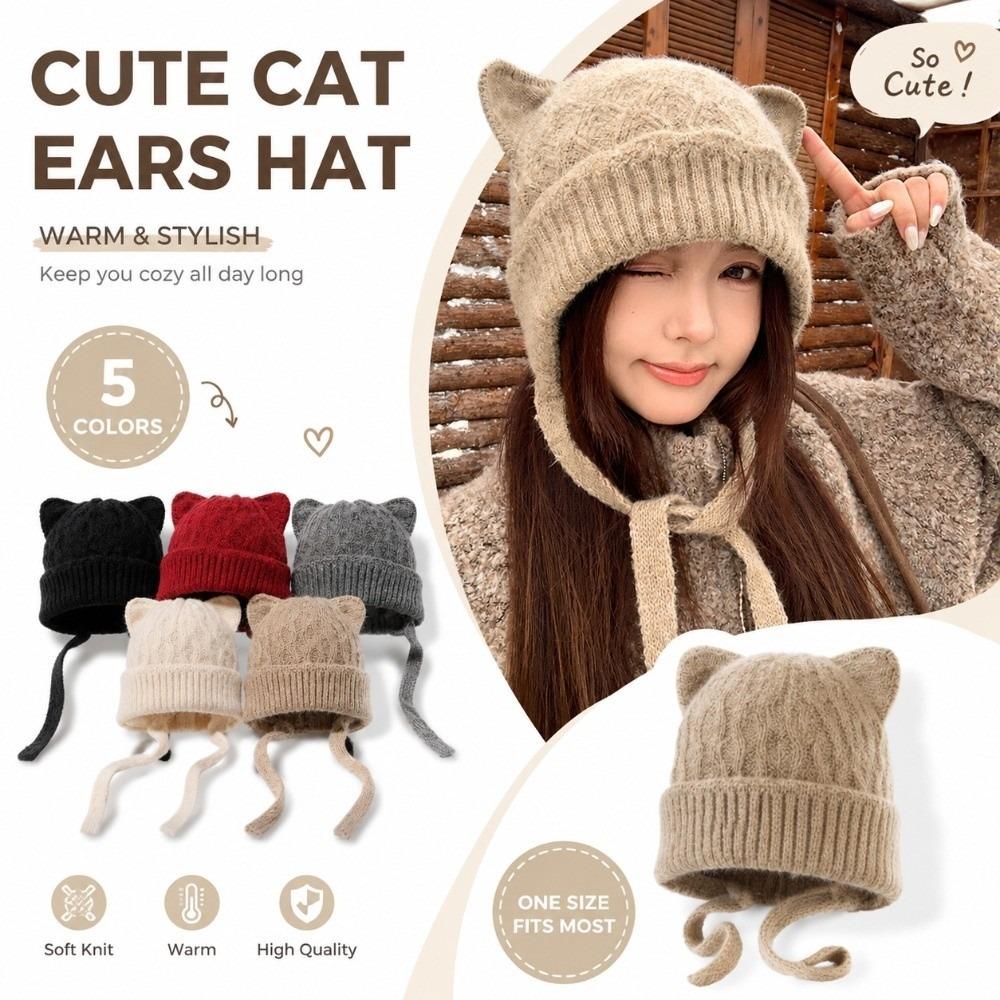 3D Cat Ear Soft Beanie Windproof Head Cover Korean Style Cat Ear Knit Hat  Cold Weather Daily Wear