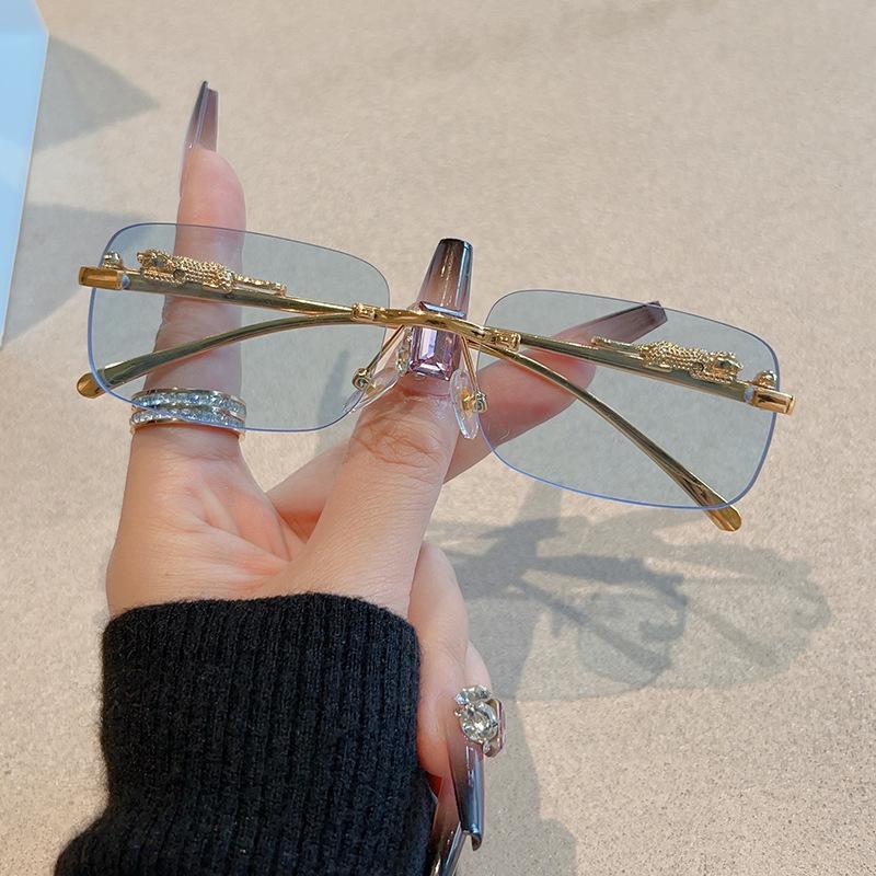 Vintage Rimless Cut Edge Sunglasses Luxury Golden Leopard Frame Uv400 Fashion Designer Shades