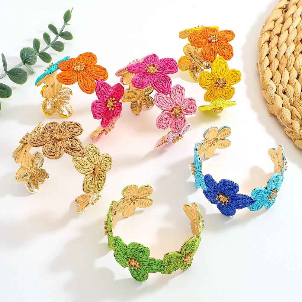 Colorful Woven Flower Bangle Vintage Hand Ring Retro Raffia Grass Bracelet Daily