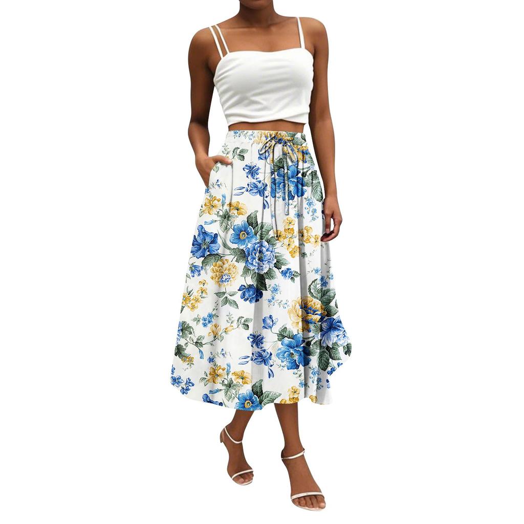 Женская юбка в стиле бохо с цветочным принтом, однотонная повседневная юбка с карманами