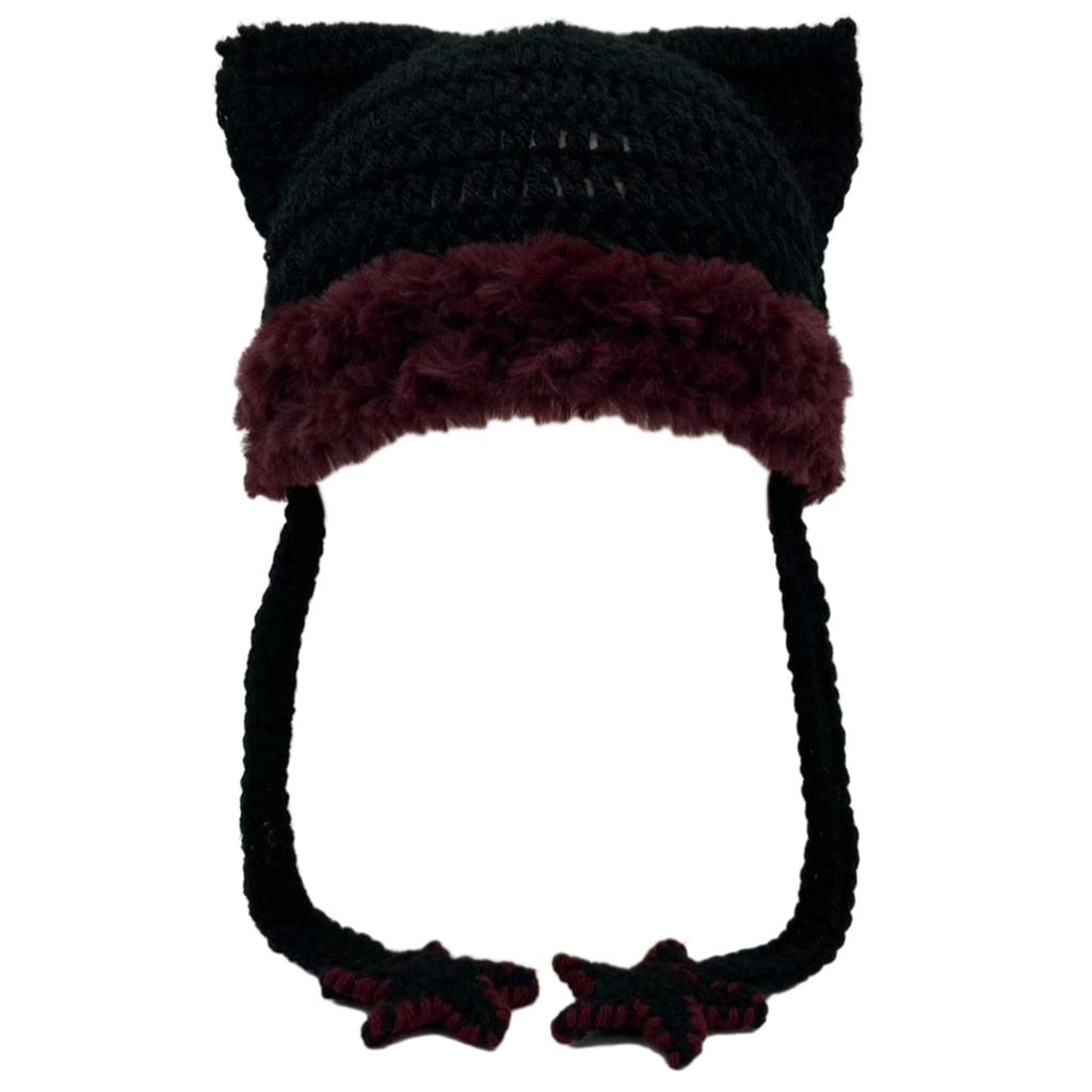 Мультяшная шапка-котенок, головной убор для девочек для активного отдыха, катания на лыжах, с мини-ушками, вязаная крючком шапочка-бини для катания на лыжах, кемпинга