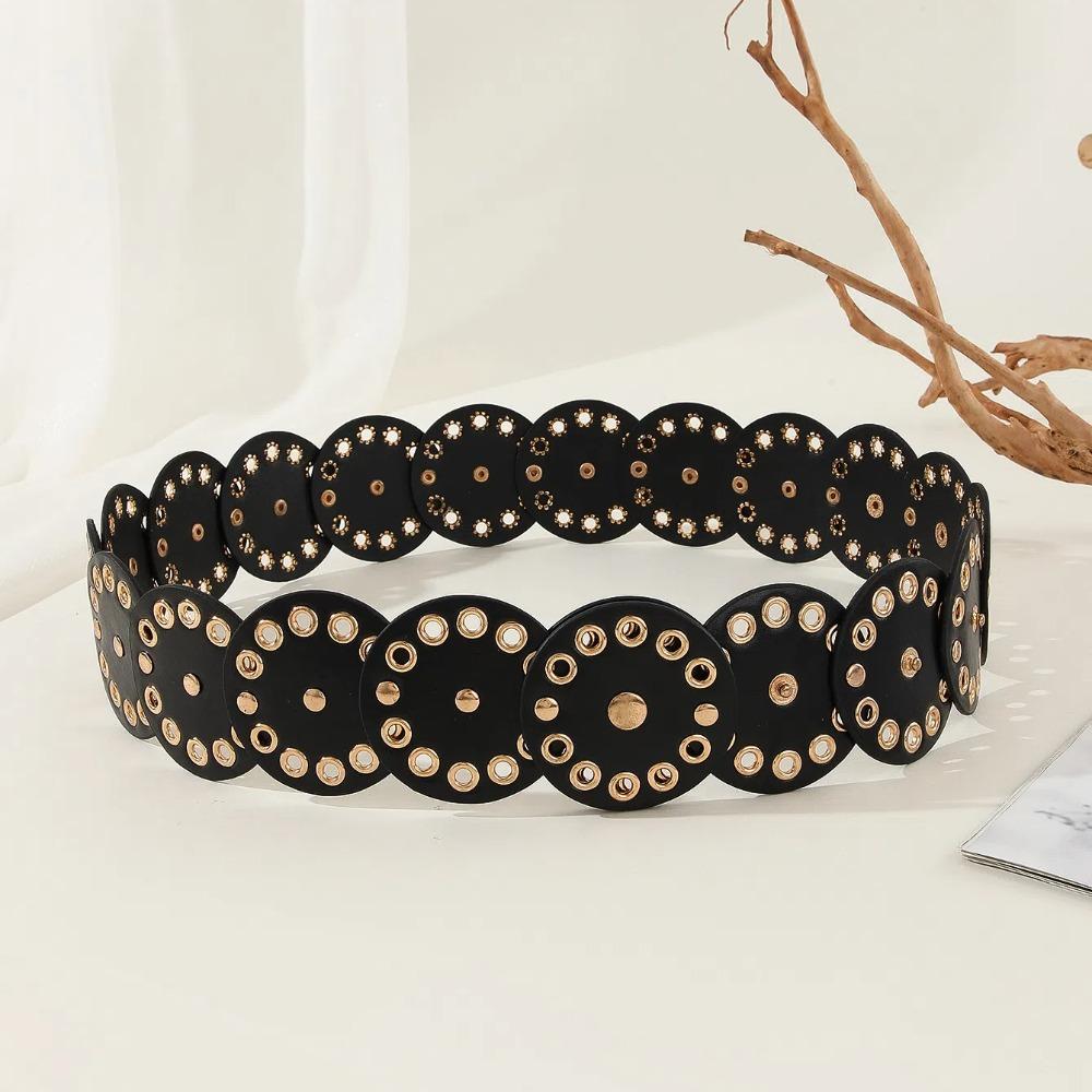 Retro Rivet Wide Belt Y2k Concho Waistband Fashion Disc PU Hollow Belt Girls