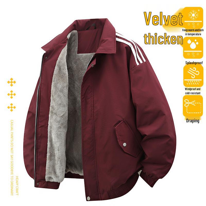 Новая мужская унисекс повседневная куртка в американском стиле с лацканами и тремя полосками, с плюшем