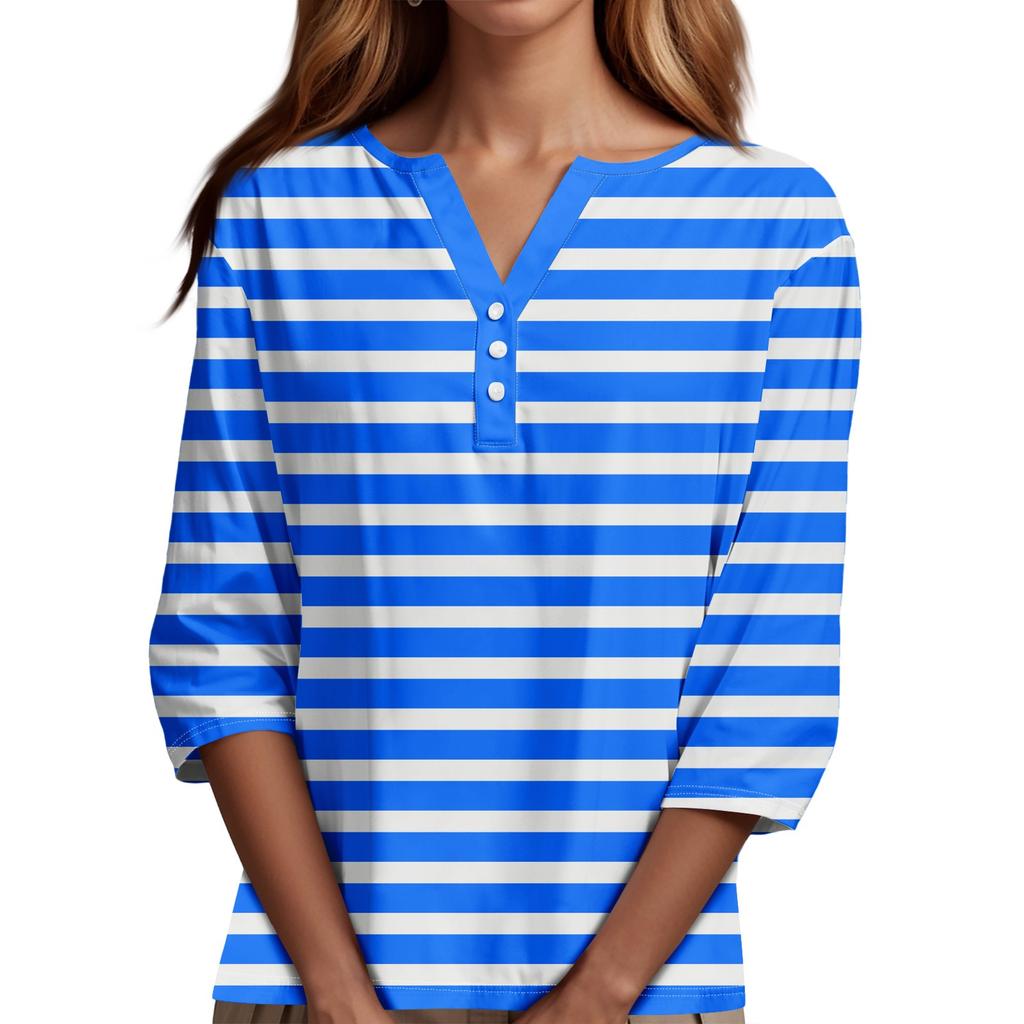 Жен. Футболка Футболка С принтом Пуговицы Рукав 3/4Ежедневно Выходные Мода Классический Топ с v-образным вырезом Обычный