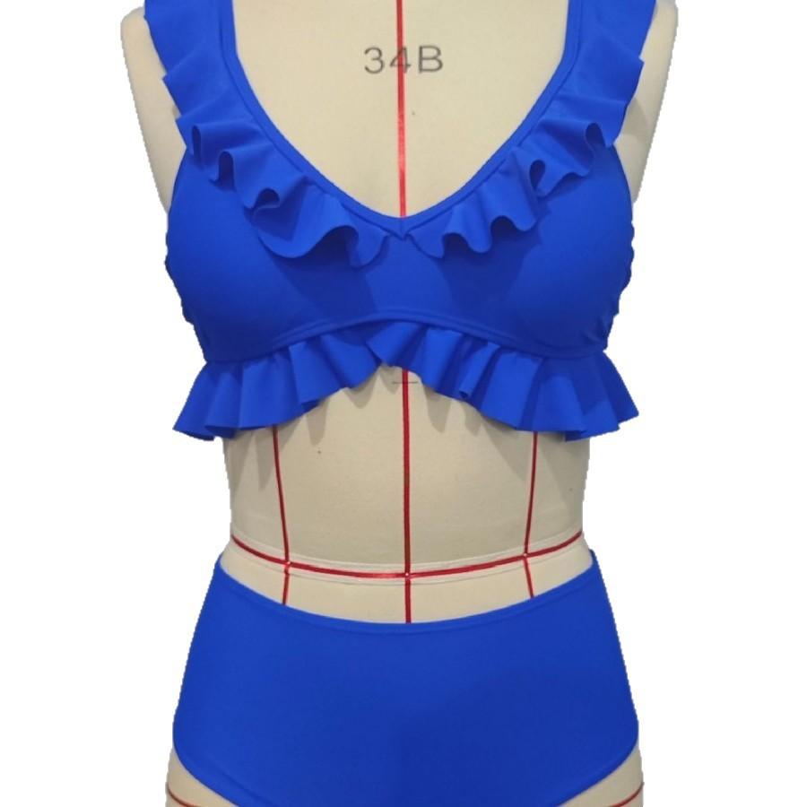 European and American bikini women's ruffled V-neck high-waisted split swimsuit, backless lace-up vacation swimsuit hot girl