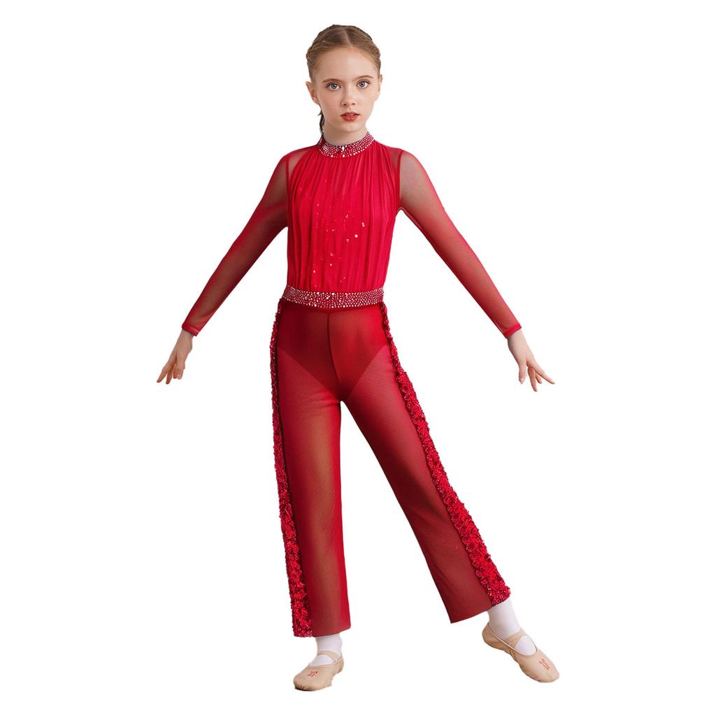 Костюм для фигурного катания для девочек, блестящий, со стразами, сетчатый, с длинным рукавом, трико, эластичный пояс, брюки с широкими штанинами