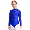 Girls Sheer Mesh Long Sleeve Leotard Cutout Back Sparkly Rhinestone Gymnastics Figure Skating Costume