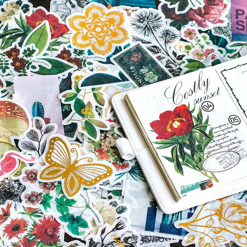 Character Collection Nature 60pcs Retro Stickers Set Foil Flower Green Leaves Plant Sticker Diy Art Decoration Diary Gift
