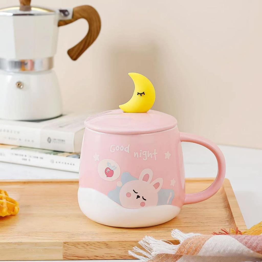 Керамическая чашка для воды Милый мультяшный узор с крышкой с лунной ложкой Офисная стеклянная кофейная чашка Высокая термостойкость Бытовое использование