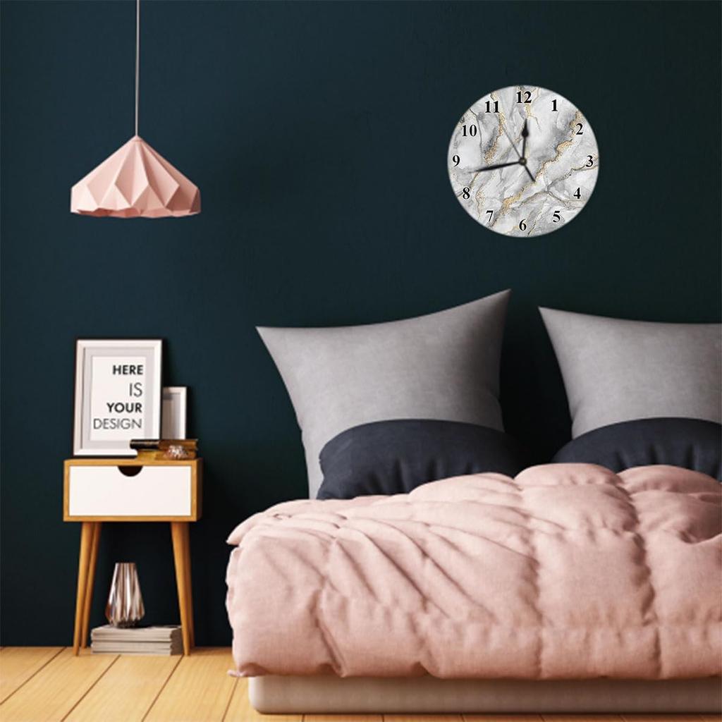 White Marble Gold Vein Modern Round Wall Clock Quartz 10 Inch Creative Silent Non Ticking Decorative,Minimalist Style for Classroom School Kitchen