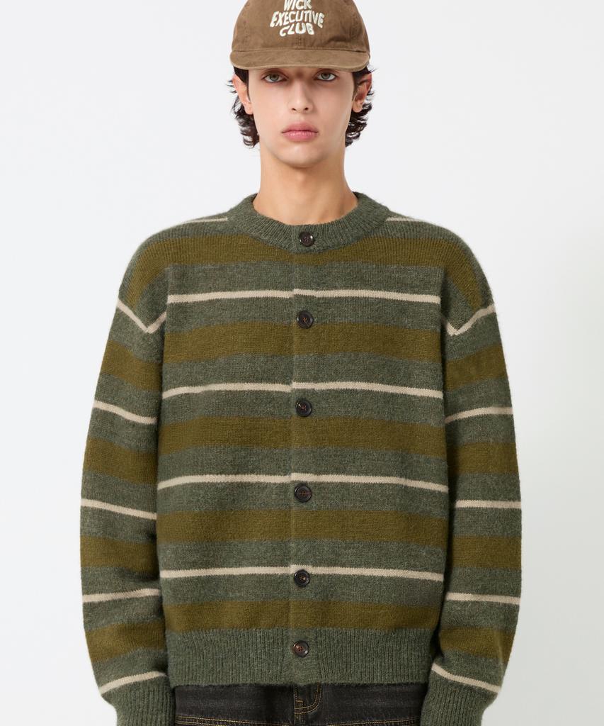 TRILLION Washable Hairy Striped Button Cardigan Knit_Khaki