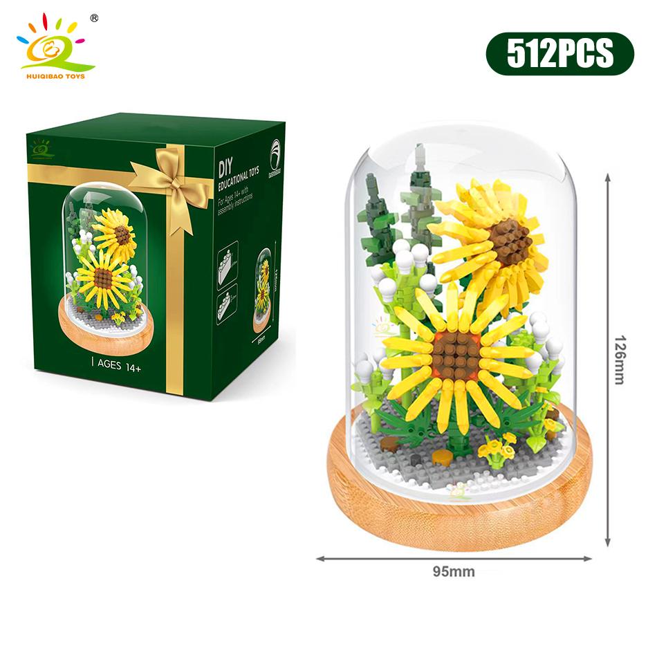 Цветок розы и хризантемы в горшках, строительные блоки, 3D модель букета, подсолнух, кирпичи, детские игрушки, подарок для девочек-друзей