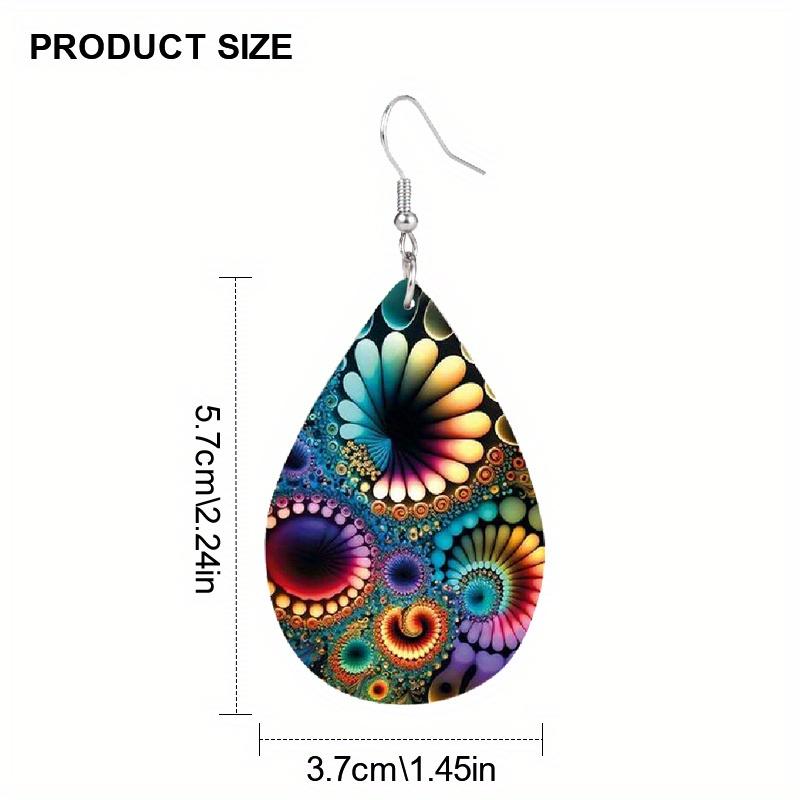 Bohemian Style Colorful Kaleidoscope Mandala Pattern Tears Earrings Lightweight Fashion Waterdrop Shape PU Leather Earrings