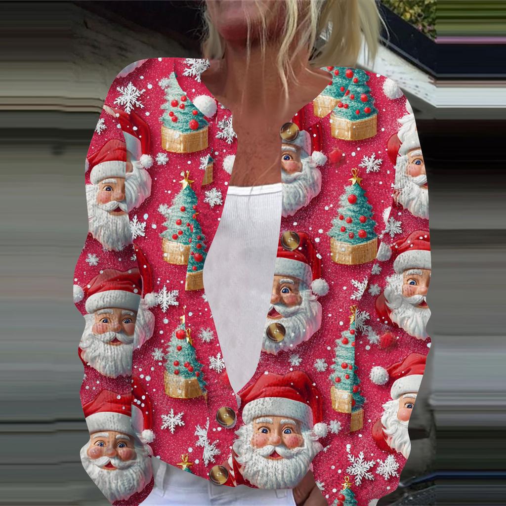Women's Fashion Christmas Printed Long Sleeve Knitted Cardigan Button Down Jacket