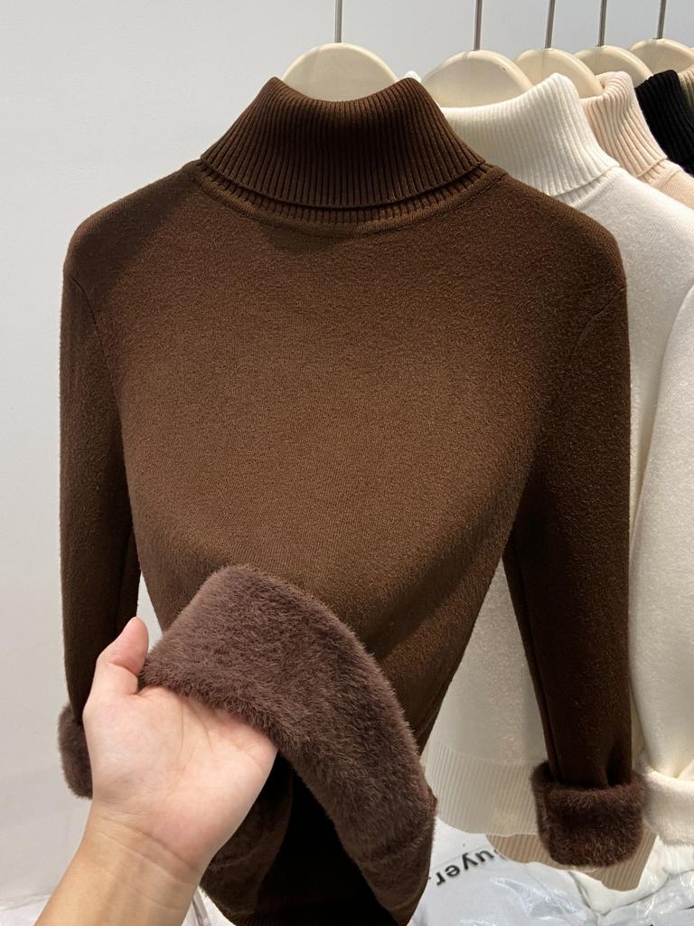 Осень и зима новый флисовый свитер с полувысоким воротником, базовая рубашка, женский интегрированный флис утолщенный, теплый и стройнящий, вязаный внутри