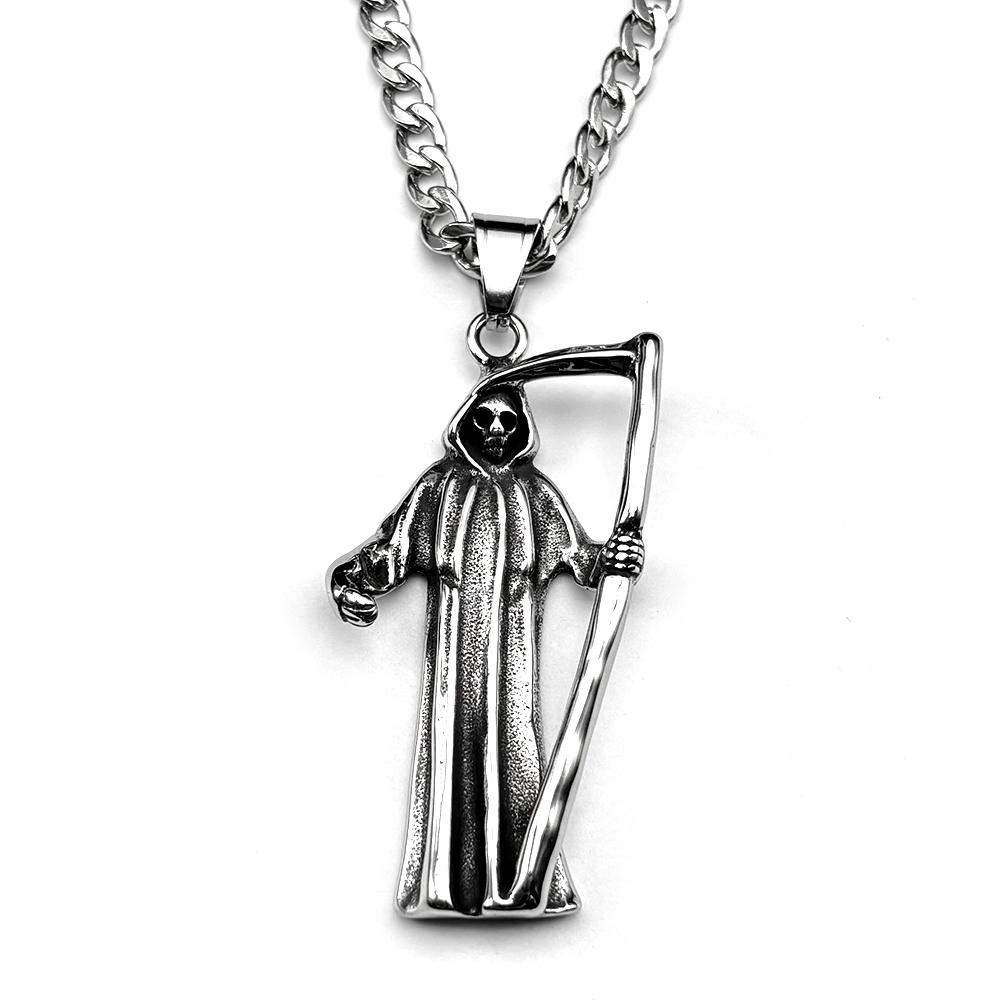 Antique Death Pendant Necklace for Women Men Stainless Steel Punk Hip Hop Long Necklaces Grim Reaper Jewelry Halloween Gift