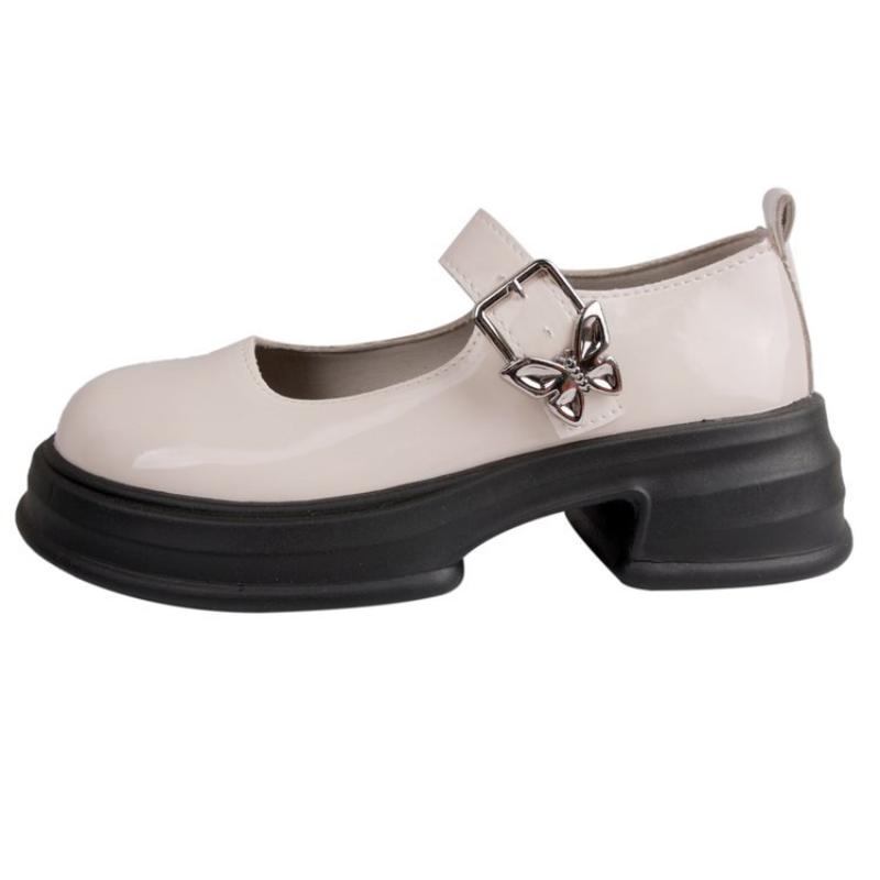 Французские туфли Мэри Джейн на высоком каблуке для женщин, Ретро, Пряжка на одной пуговице, Универсальный бантик, На толстой подошве, Кожаные туфли на массивном каблуке