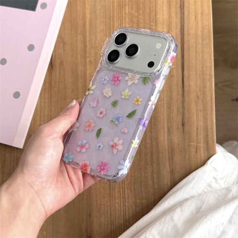 Милый Кавайный Фиолетовый Блестящий Цветочный Чехол для Телефона iPhone 17 16 15 14 Pro Max Пастельный Цветочный Принт Защитная Крышка для Девочек