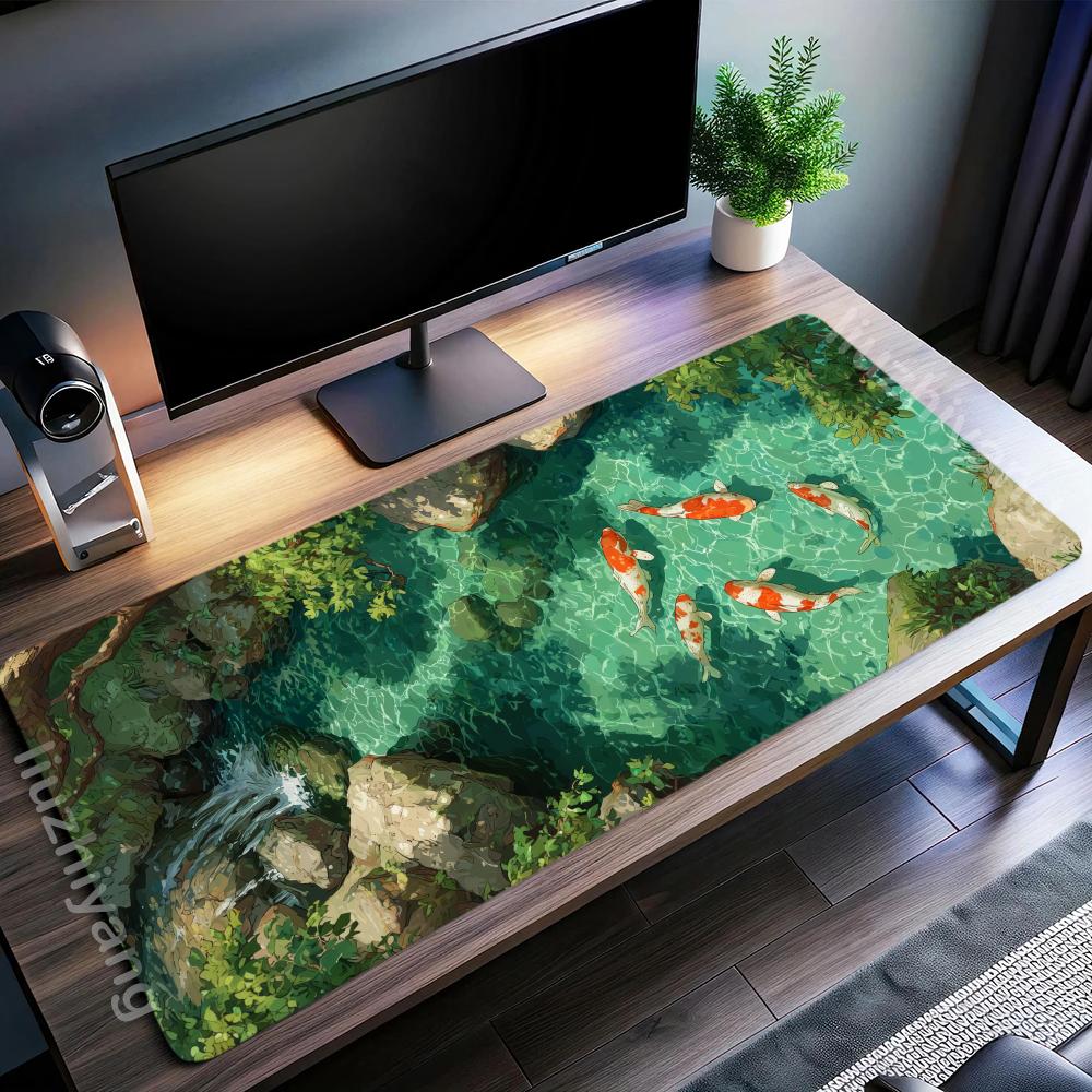 Koi Carp Pond Mouse Pad Large Computer Office Game Table Mat Xxl Rubber AntiSlip Stitched Edge Keyboard Mats Washable Desk Pads