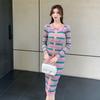 Temperament Slim Striped Knitted Sexy Dress Women Elegant Autumn Single Breasted Casual Women's Sweeter Dresses Winter Long Sleeve Lady Dress 25949