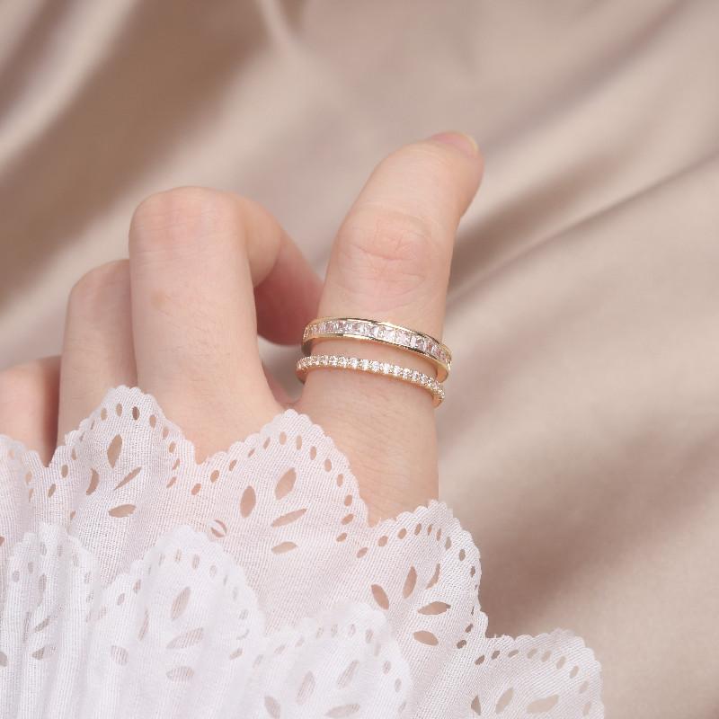 Корейская мода ювелирные изделия 14K настоящее золотое покрытие двойное циркониевое кольцо элегантное женское открывающееся регулируемое повседневное рабочее аксессуары